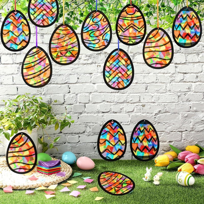 Eersida 32 Pcs Easter Eggs Ornament Suncatchers Craft Set Spring DIY Eggs Shaped Stained Glass Tissue Paper Kits Bulk for Window Art Activities Party Decorations Gift - Image 5